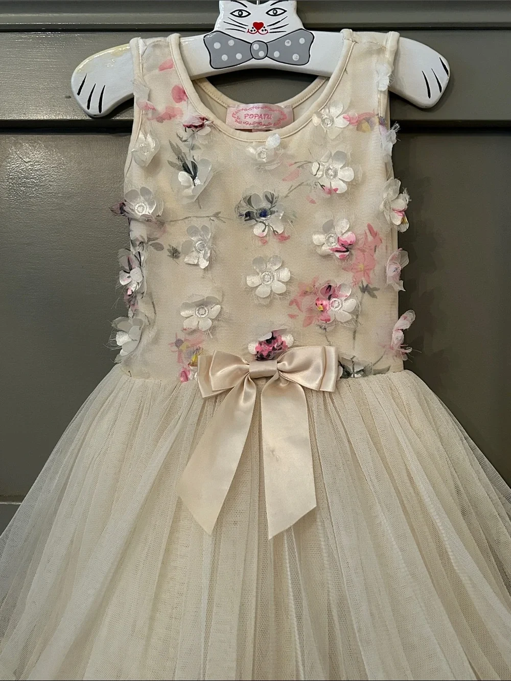 Popatu 3D Floral Dress Tutu Formal Flower Girl Ivory Cream Size 2T / 3T